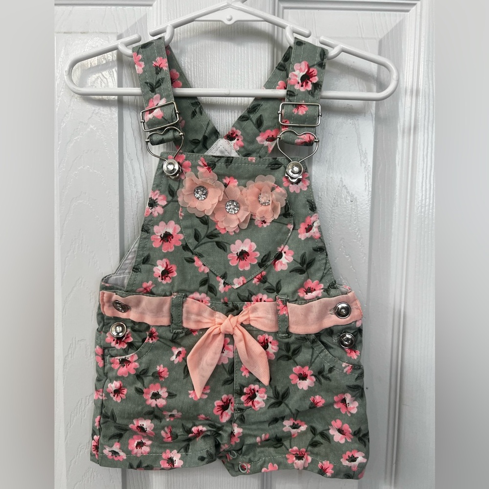 Girls 12M Green/pink Floral Overalls w/heart front pocket & Pink ribbon bow belt